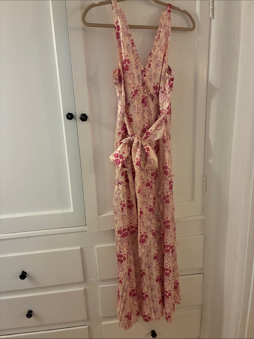 LoveShackFancy Cream Maxi Dress with Pink Floral Print